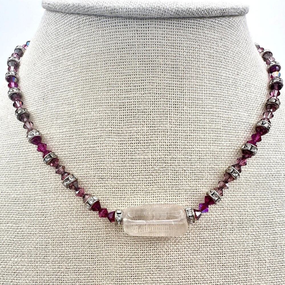 Vintage 90s Purple Beaded Necklace Silver Tone Clear Rhinestone Women's Jewelry